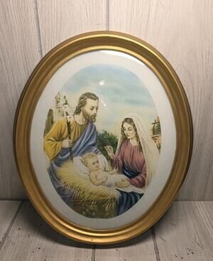 Vtg Oval Gold Framed Holy Family Print Religious Mary Joseph Jesus Nativity